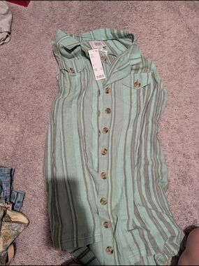 Urban Outfitters Striped Mint Green Button-Front Sleeveless Shirt Dress